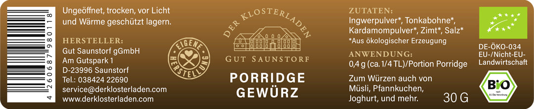 Porridge Gewürz (30 g) - Bio - nach hauseigener Rezeptur!