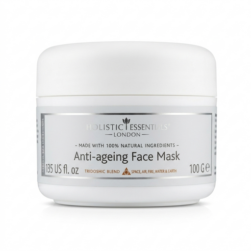 Gesichtsmaske - Anti Ageing im transparenten Kunststofftiegel mit weißem Deckel auf weißem Hintergrund.