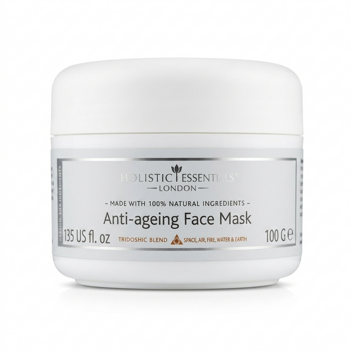 Gesichtsmaske - Anti Ageing im transparenten Kunststofftiegel mit weißem Deckel auf weißem Hintergrund.