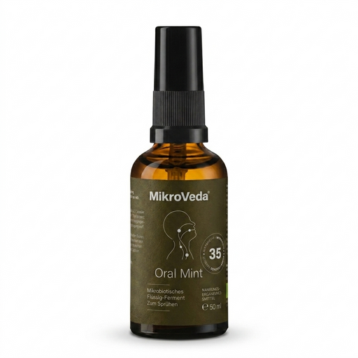Nahrungsergänzungsmittel "Oral mint - Mundspray" in brauner Flasche aus Glas. 