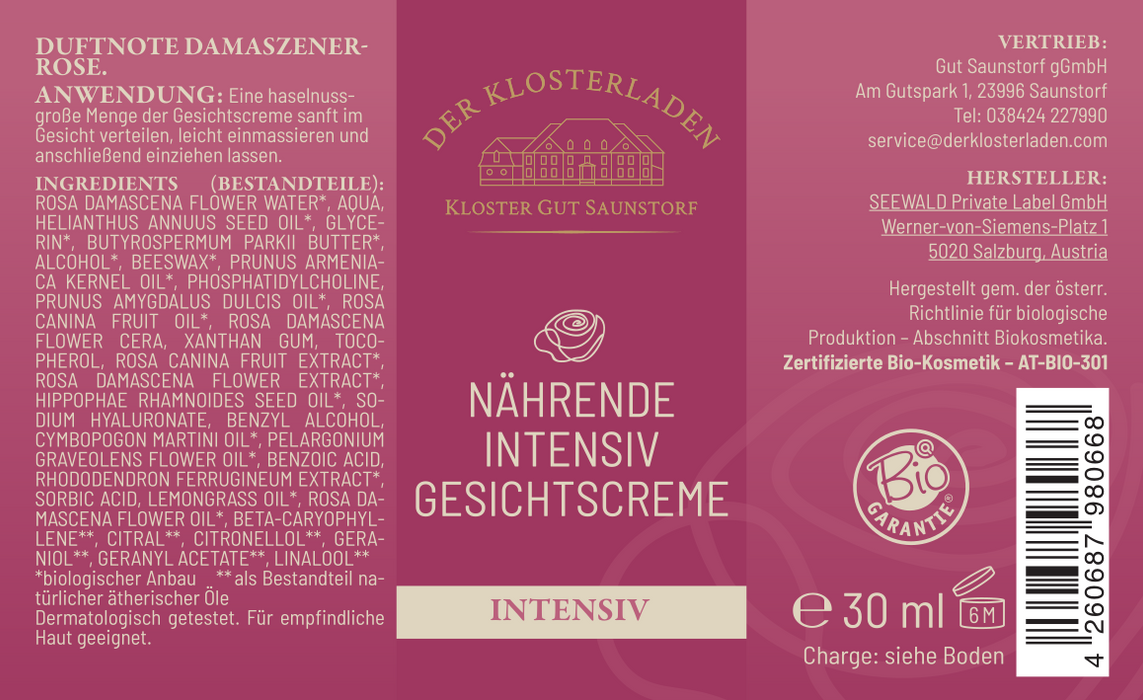 Etikett von "Nährende Intensiv Gesichtscreme - Intensiv" mit Informationen zu den Bestandteilen, der Anwendung und Produktdetails (siehe Produktbeschreibung).