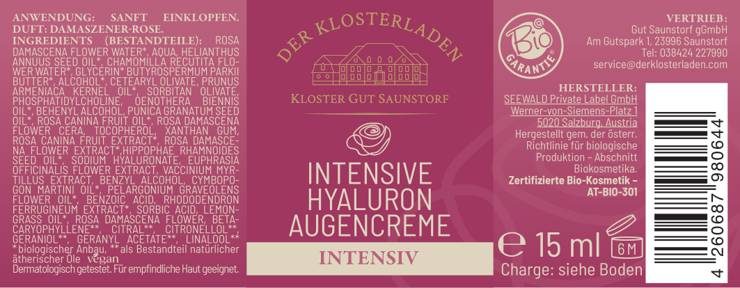 Etikett von "Intensive Hyaluron Augencreme - Intensiv" mit Informationen zu den Bestandteilen, der Anwendung und Produktdetails (siehe Produktbeschreibung).