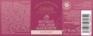 Etikett von "Intensive Hyaluron Augencreme - Intensiv" mit Informationen zu den Bestandteilen, der Anwendung und Produktdetails (siehe Produktbeschreibung).