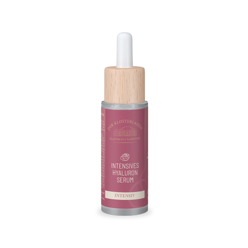 "Intensives Hyaluron Serum - Intensiv" in einem Spender mit Holzverschluss. 