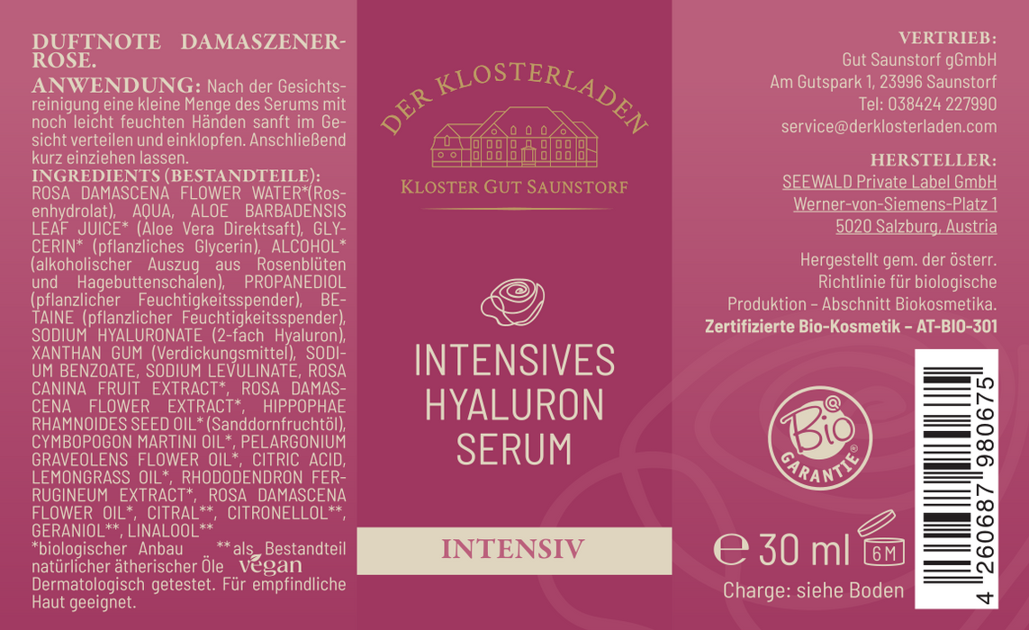 Etikett von "Intensives Hyaluron Serum - Intensiv" mit Informationen zu den Bestandteilen, der Anwendung und Produktdetails (siehe Produktbeschreibung).