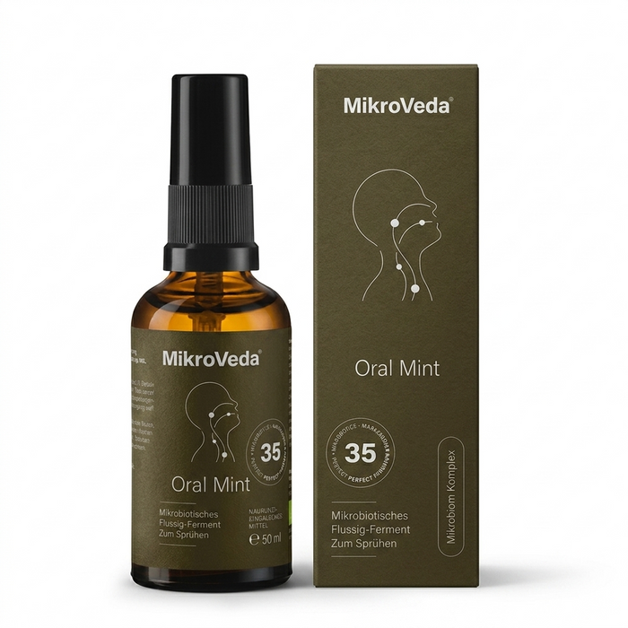 Nahrungsergänzungsmittel "Oral mint - Mundspray" in brauner Flasche aus Glas mit Verpackung. 