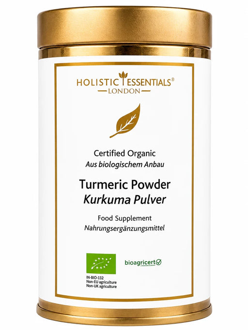 Ayurvedisches „Kurkuma-Pulver“ in weiß-goldener Dose. Weitere Informationen siehe Produktbeschreibung.