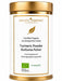 Ayurvedisches „Kurkuma-Pulver“ in weiß-goldener Dose. Weitere Informationen siehe Produktbeschreibung.