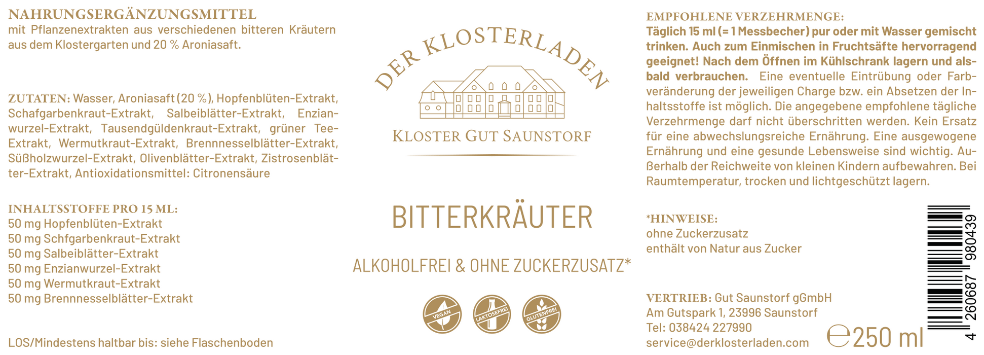 Etikett des Produkts "Bitterkräuter" mit Angaben zu Verzehr-Empfehlung, Zutaten und Hersteller (siehe Produktbeschreibung).