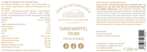 Etikett von "Tannenwipfel Trunk - Für die Atemwege" mit Informationen zu Nährwerten, empfohlene Verzehrmenge, Zutaten und Aufbewahrung (siehe Produktbeschreibung).