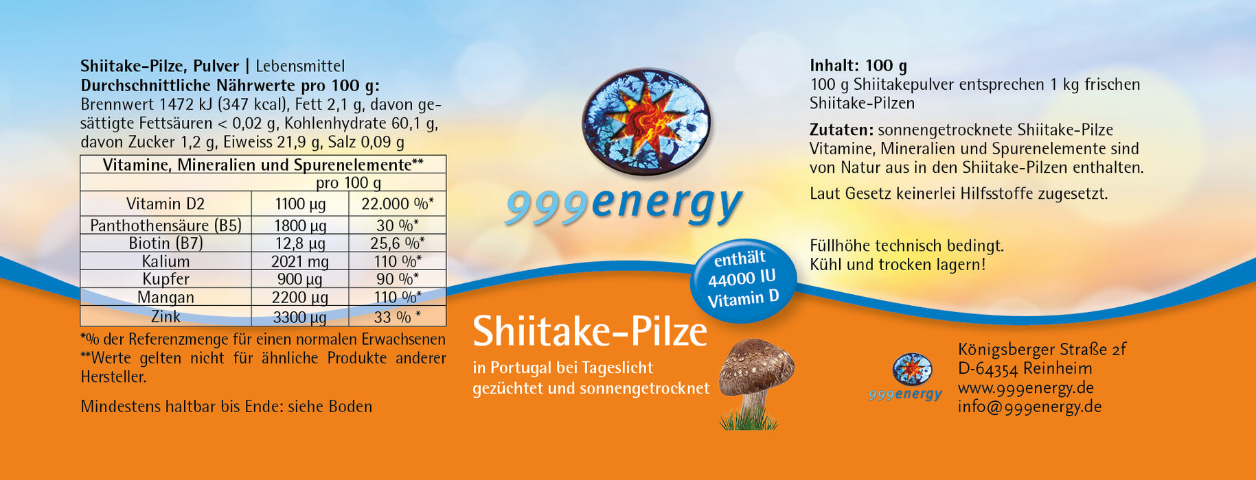 Etikett des Produkts „Shiitake-Pilze - Pulver“ mit Angaben zu Nährwerten, Inhalt, Zutaten und Hersteller (siehe Produktbeschreibung). 