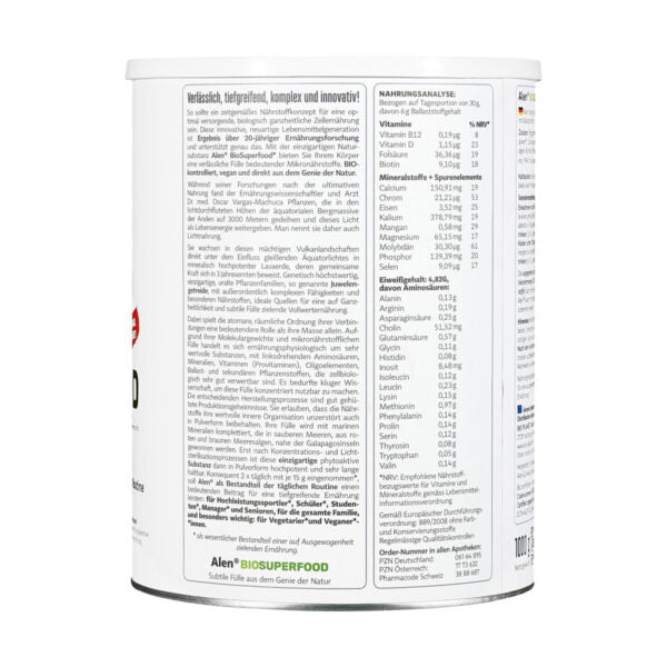 Etikett des Produkts „ Alen Bio Superfood
Komplex-biologisches Nährsubstrat mit Angaben zu Inhaltsstoffen, Nährwerten, Verzehr-Empfehlung und Hersteller (siehe Produktbeschreibung hier).