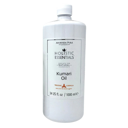 Ayurvedisches "Kumari Öl" in weißer Flasche aus Kunststoff. 