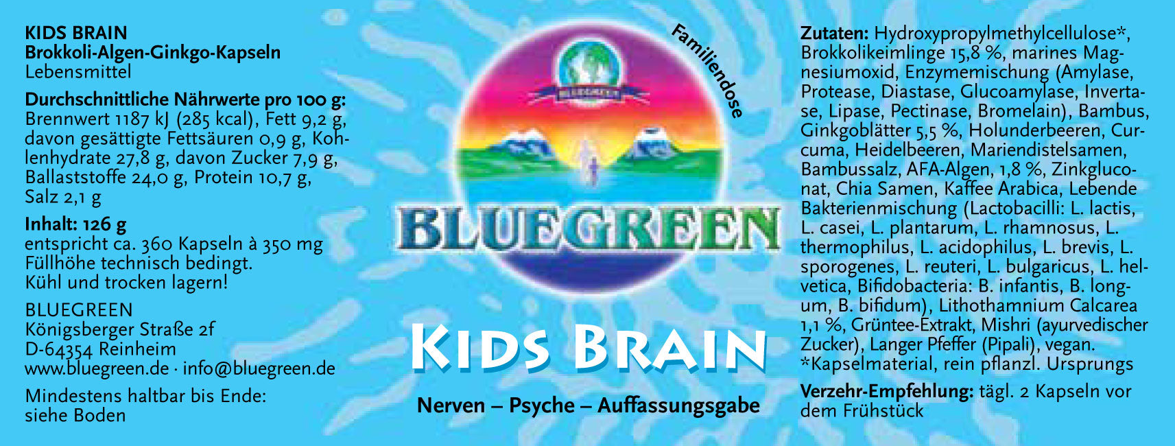 Etikett von "Kids Brain - Kapseln" mit Informationen zu Nährwerten, Verzehr-Empfehlung, Zutaten und Hersteller (siehe Produktbeschreibung).