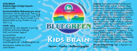 Etikett von "Kids Brain - Kapseln" mit Informationen zu Nährwerten, Verzehr-Empfehlung, Zutaten und Hersteller (siehe Produktbeschreibung).