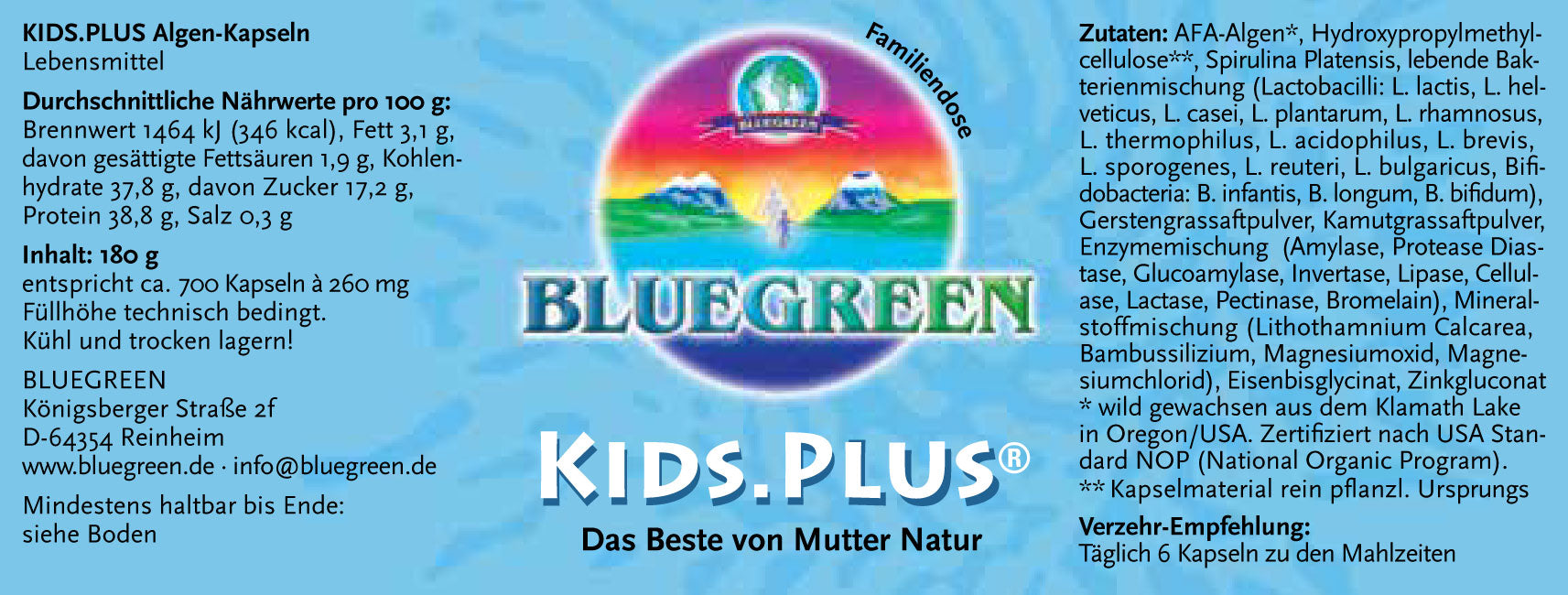 Etikett von "Kids Plus - Kapseln" mit Informationen zu Nährwerten, Verzehr-Empfehlung, Zutaten und Hersteller (siehe Produktbeschreibung).