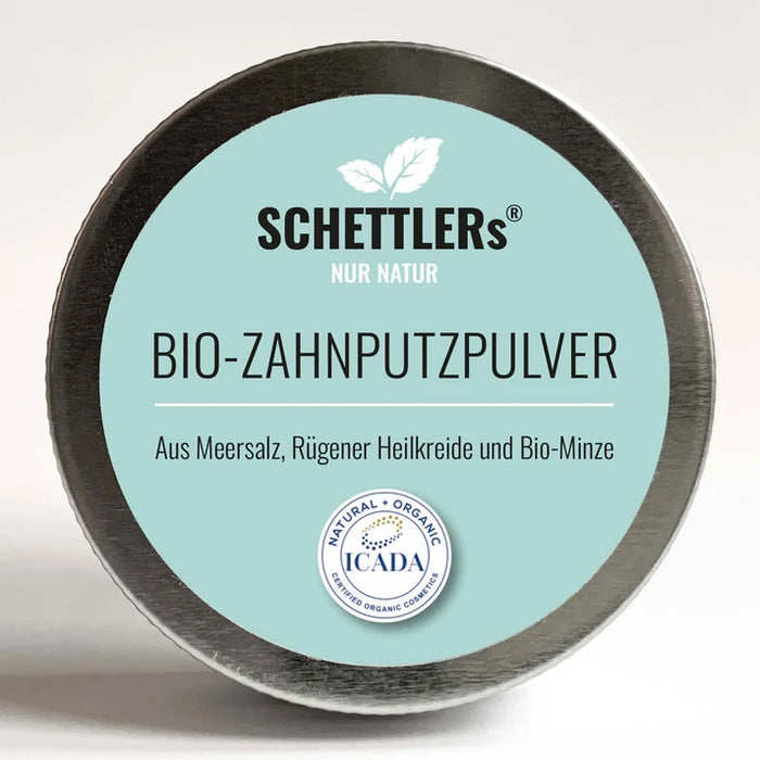 "SCHETTLERs® ZAHNPUTZPULVER – Das Original" in einer Schraubdeckeldose aus Weißblech. Mehr Informationen in der Produktbeschreibung. 