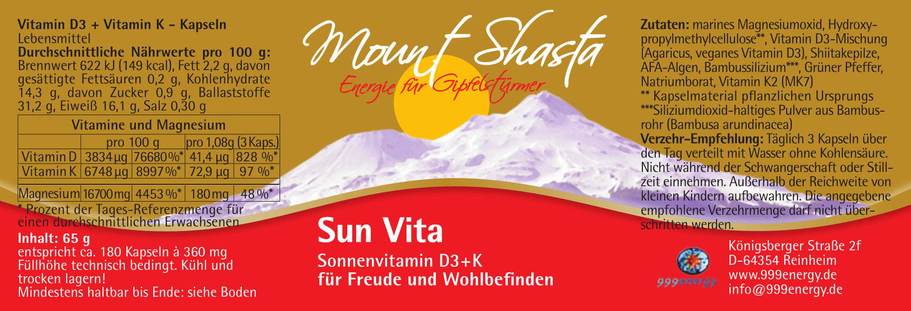 Etikett des Produkts „Vitamin D3 + K2 - Kapseln“ mit Angaben zu Nährwerten, Inhalt, Zutaten und Hersteller (siehe Produktbeschreibung). 