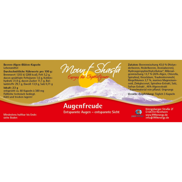 Etikett des Produkts "Augenfreude - Kapseln" mit Angaben zu Nährwerten, Verzehr-Empfehlung, Zutaten und Hersteller (siehe Produktbeschreibung).