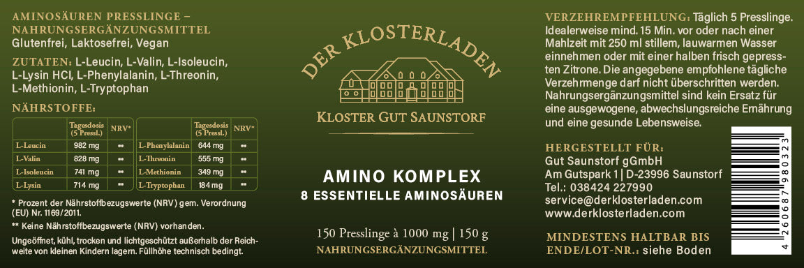 Etikett von "Amino Komplex - Presslinge" mit Informationen zu Nährwerten, Verzehr-Empfehlung, Zutaten und Aufbewahrung (siehe Produktbeschreibung).