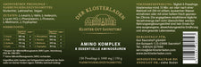 Etikett von "Amino Komplex - Presslinge" mit Informationen zu Nährwerten, Verzehr-Empfehlung, Zutaten und Aufbewahrung (siehe Produktbeschreibung).