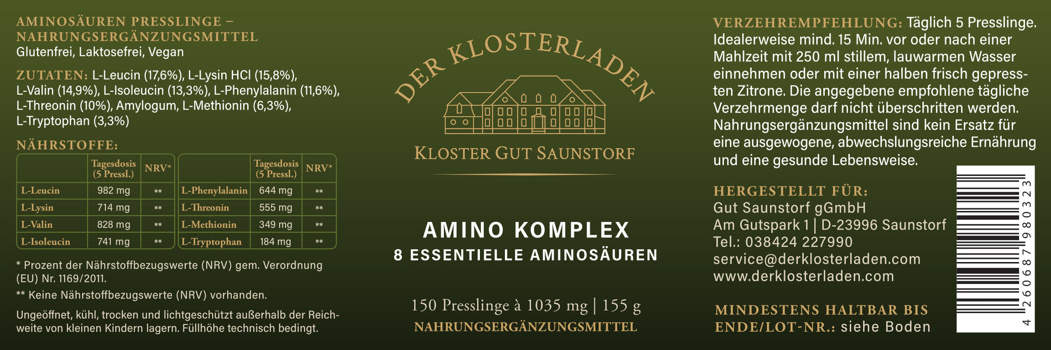 Etikett von "Amino Komplex - Presslinge" mit Informationen zu Nährwerten, Verzehr-Empfehlung, Zutaten und Aufbewahrung (siehe Produktbeschreibung).