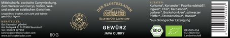Etikett von "Java Curry Gewürz" mit Informationen zu Zutaten und weiteren Informationen (siehe Produktbeschreibung).