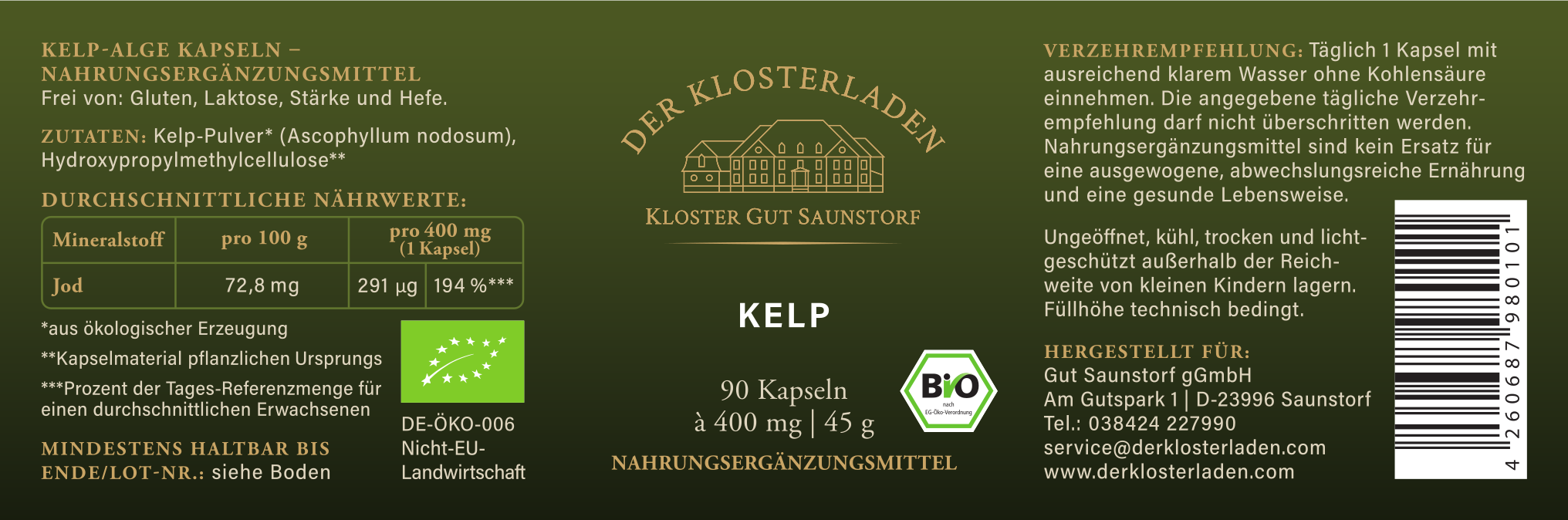Etikett von "Kelp - Braunalgen - Kapseln" mit Informationen zu Nährwerten, Verzehr-Empfehlung, Zutaten und Aufbewahrung (siehe Produktbeschreibung).
