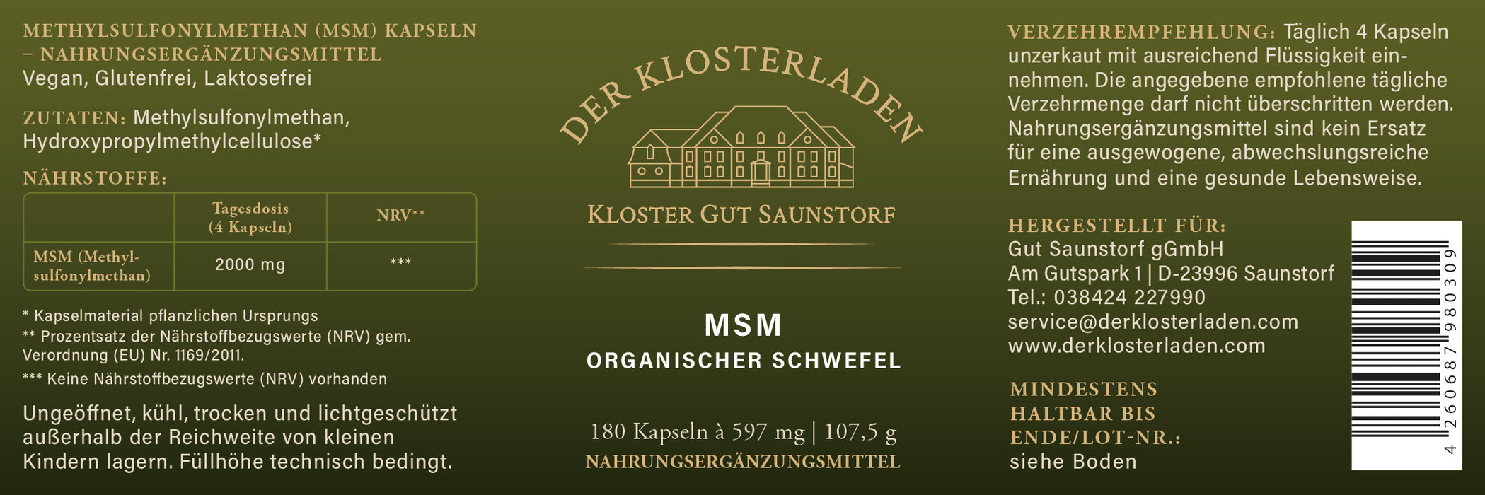 Etikett von "MSM - Organischer Schwefel - Kapseln" mit Informationen zu Nährwerten, Verzehr-Empfehlung, Zutaten und Aufbewahrung (siehe Produktbeschreibung).