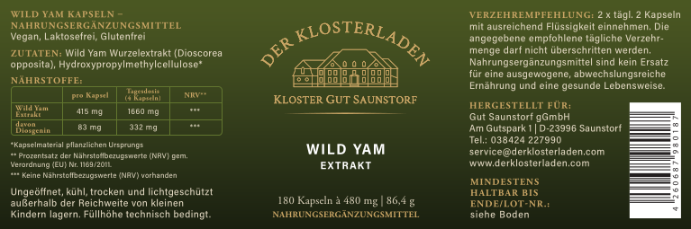 Etikett von "Wild Yam Exakt - Kapseln" mit Informationen zu Nährwerten, Verzehr-Empfehlung, Zutaten und Aufbewahrung (siehe Produktbeschreibung).
