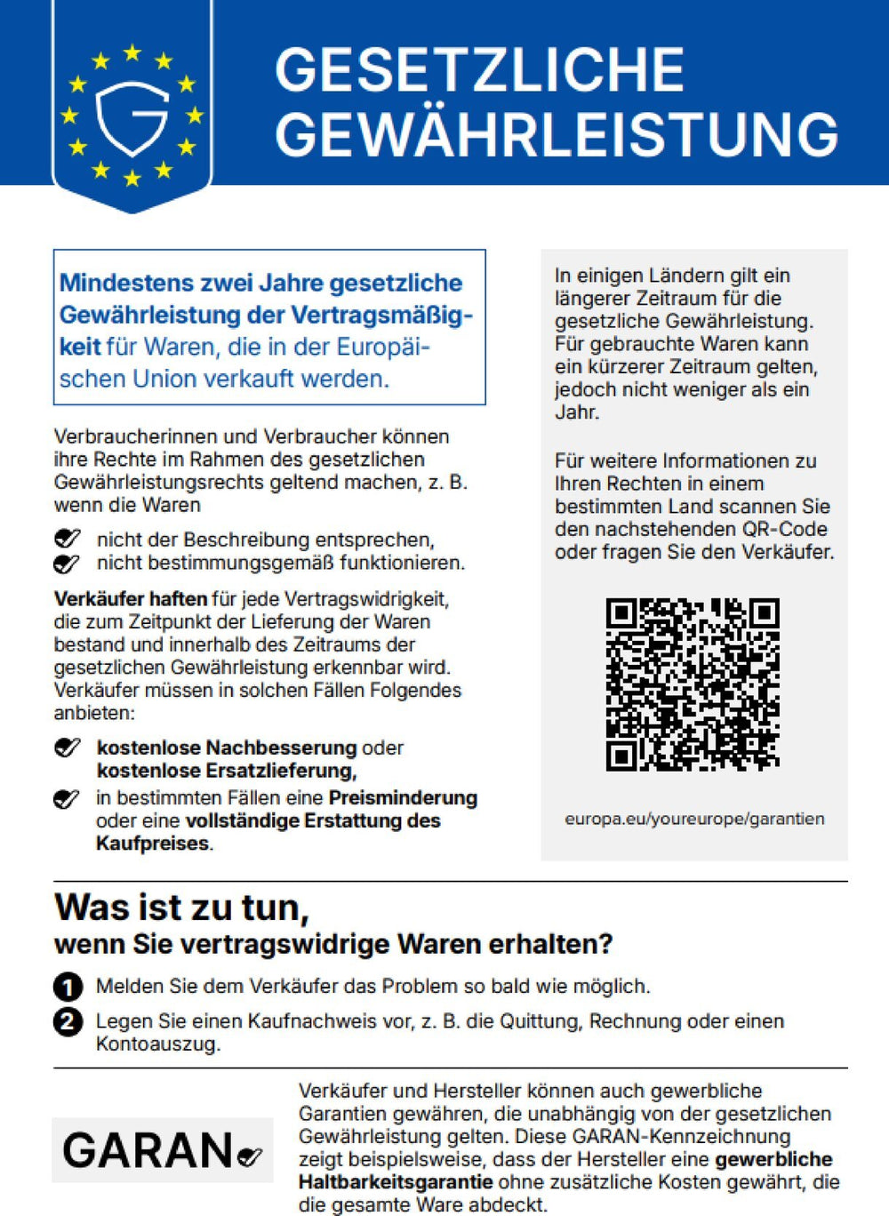 EU-Gewährleistungslabel – Informationen zur gesetzlichen Gewährleistung beim Kauf von Waren