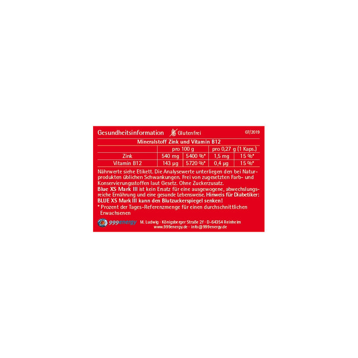 Etikett des Produkts "Blue XS Mark III - Kapseln" mit Angaben zu Gesundheitsinformationen, Nährwerten und Hersteller (siehe Produktbeschreibung).