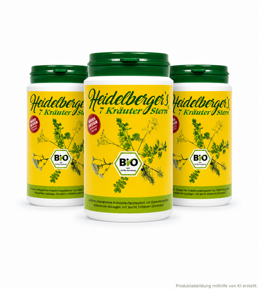 3er Set von "Heidelberger´s 7 Kräuter-Stern Bio - Pulver". Weitere Informationen in der Produktbeschreibung. Produktabbildung mithilfe von KI erstellt. 
