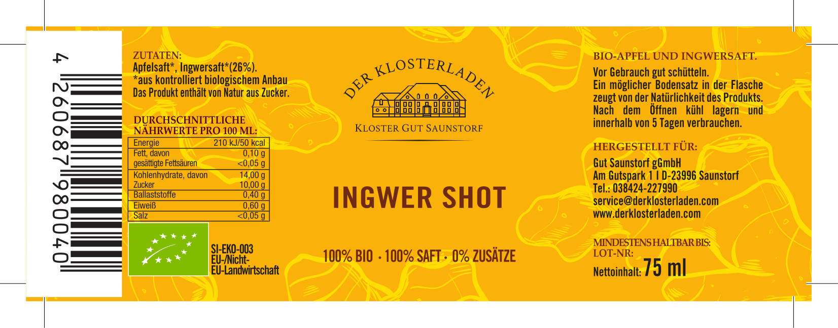 Etikett von "Bio Ingwer Shot" mit Informationen zu Zutaten, Nährwerten und Aufbewahrung (siehe Produktbeschreibung).