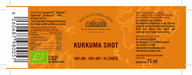 Etikett von "Bio Kurkuma Shot" mit Informationen zu Zutaten, Nährwerten und Aufbewahrung. 