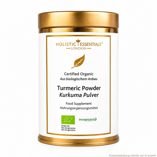 Ayurvedisches „Kurkuma-Pulver“ in weiß-goldener Dose. Weitere Informationen siehe Produktbeschreibung. Produktabbildung mithilfe von KI erstellt. 
