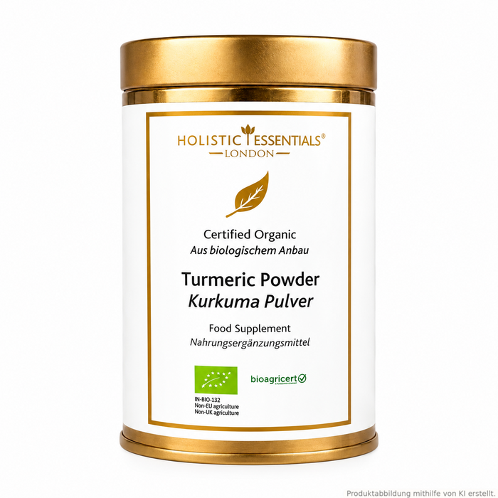 Ayurvedisches „Kurkuma-Pulver“ in weiß-goldener Dose. Weitere Informationen siehe Produktbeschreibung. Produktabbildung mithilfe von KI erstellt. 