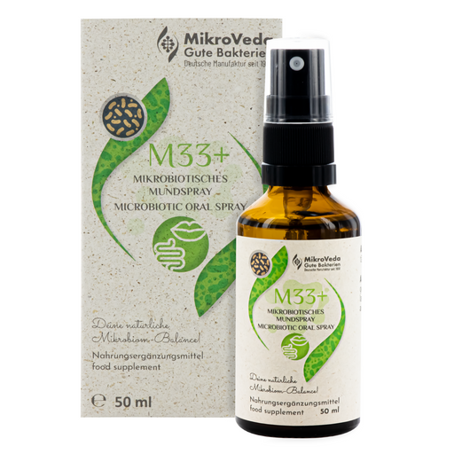 Nahrungsergänzungsmittel "M33+ - Mundspray" in brauner Flasche aus Glas. 