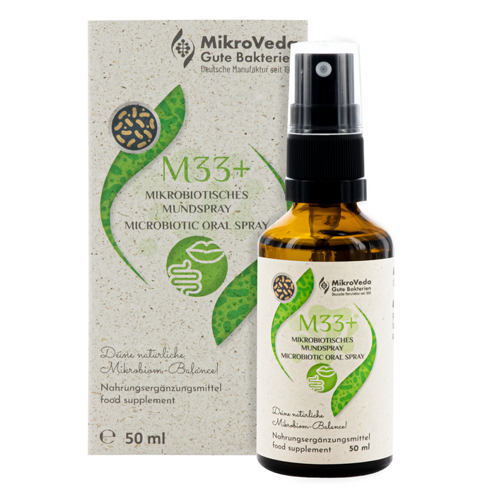 Nahrungsergänzungsmittel "M33+ - Mundspray" in brauner Flasche aus Glas. 