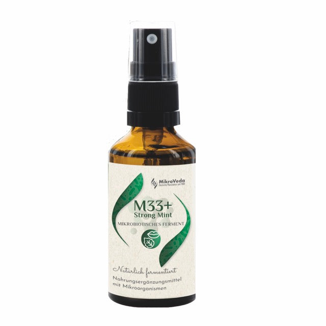 Nahrungsergänzungsmittel "M33+ Strong Mint - Mundspray" in brauner Flasche aus Glas. 