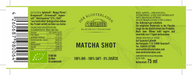 Etikett von "Bio Matcha Shot" mit Informationen zu Zutaten, Nährwerten und Aufbewahrung (siehe Produktbeschreibung).