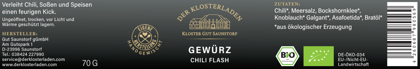 Etikett von "Chili Flash Gewürz" mit Informationen zu Zutaten und weiteren Informationen (siehe Produktbeschreibung).