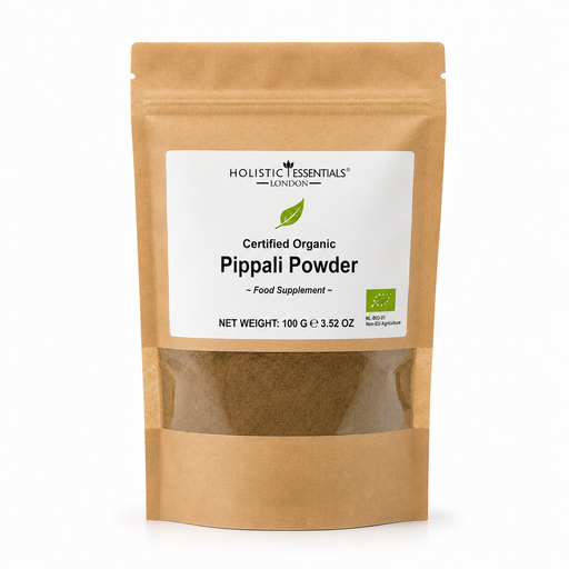 Ayurvedisches „Pippali-Pulver“ im Papierbeutel mit Sichtfenster. Weitere Informationen siehe Produktbeschreibung.
