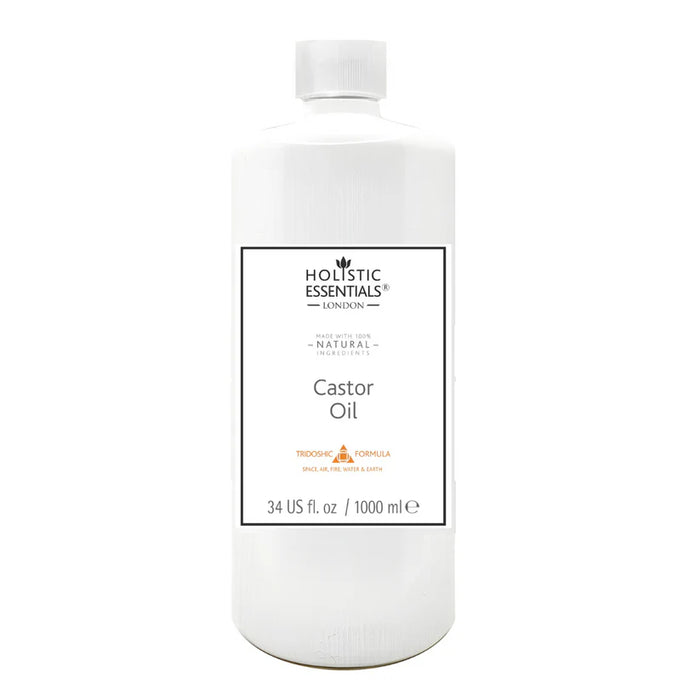 Ayurvedisches "Castor Oil - Rizinus Massage Öl" in weißer Flasche aus Kunststoff. 