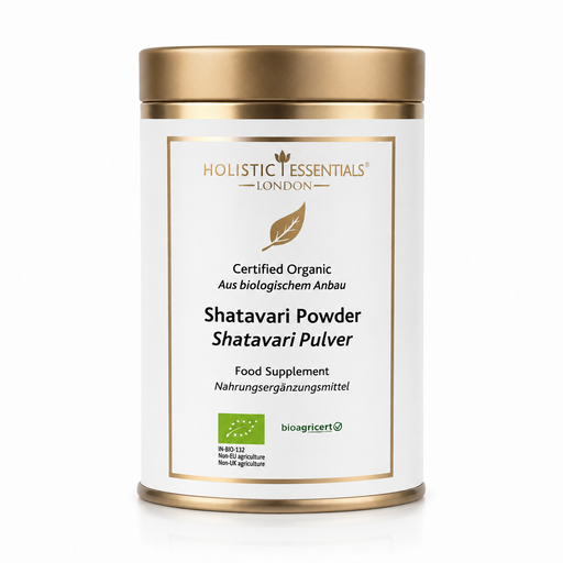 Ayurvedisches „Shatavari-Pulver“ in weiß-goldener Dose. Weitere Informationen siehe Produktbeschreibung.
