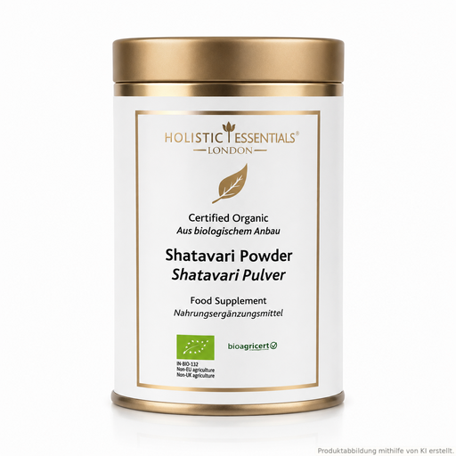 Ayurvedisches „Shatavari-Pulver“ in weiß-goldener Dose. Weitere Informationen siehe Produktbeschreibung. Produktabbildung mithilfe von KI erstellt. 