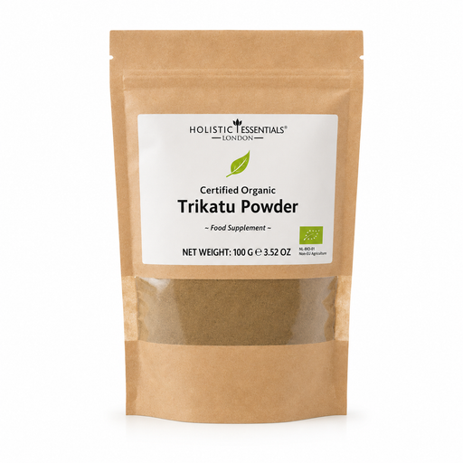 Ayurvedisches „Trikatu-Pulver“ im Papierbeutel mit Sichtfenster. Weitere Informationen siehe Produktbeschreibung.