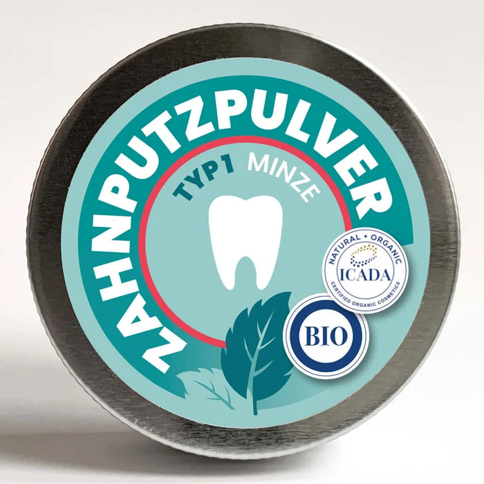 "SCHETTLERs® ZAHNPUTZPULVER – Typ 1 - weniger Salz" in einer Schraubdeckeldose aus Weißblech. Mehr Informationen in der Produktbeschreibung. 