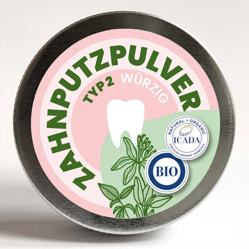 SCHETTLERs® ZAHNPUTZPULVER – Typ 2 – mit Minze, Salbei und Nelke in einer Schraubdeckeldose aus Weißblech. Mehr Informationen in der Produktbeschreibung.