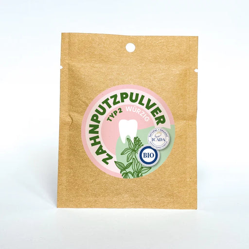Nachfülltüte aus Kraftpapier von "SCHETTLERs® ZAHNPUTZPULVER – Typ 2 – mit Minze, Salbei und Nelke"